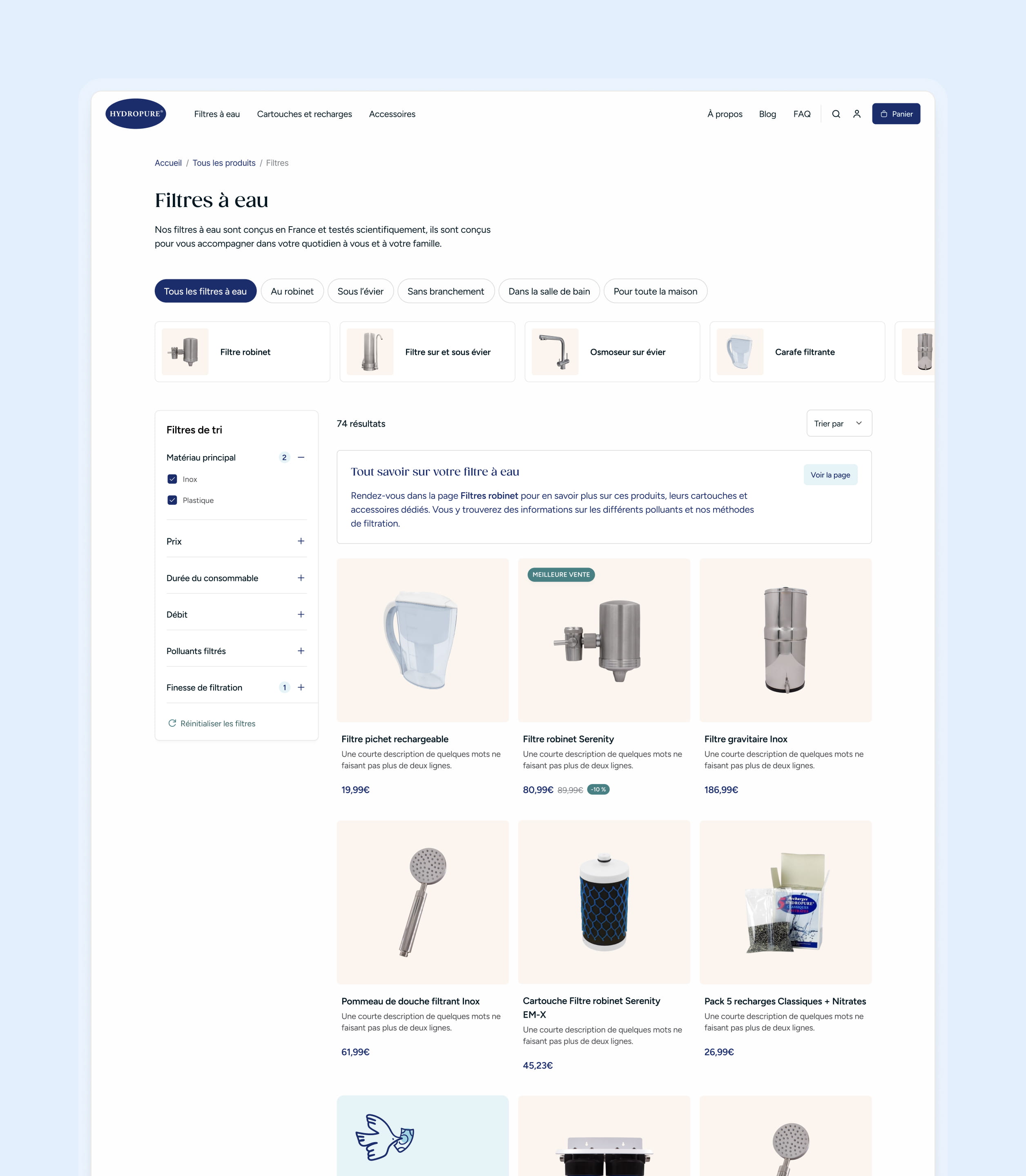 Pages listing et fiche produit du nouveau site Hydropure