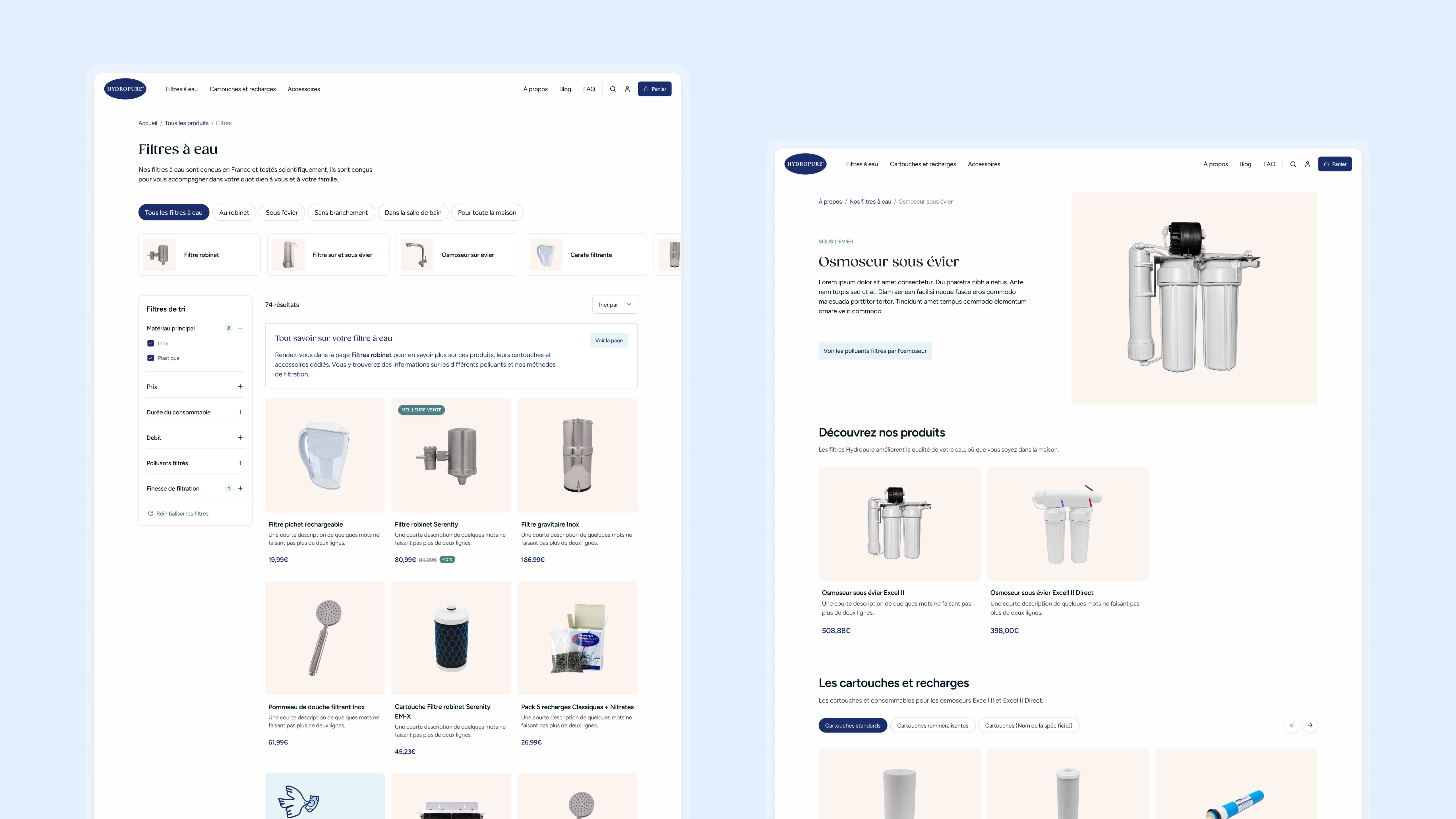 Pages listing et fiche produit du nouveau site Hydropure